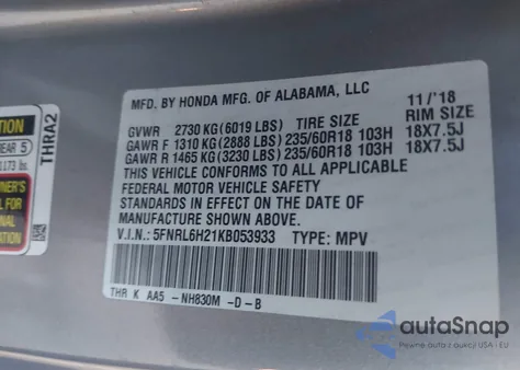 2019 Honda Odyssey Lx z USA, uszkodzony, nr VIN 5FNRL6H21KB053933